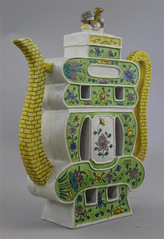 A Chinese enamelled biscuit porcelain shou character teapot, early 20th century, 23.5cm